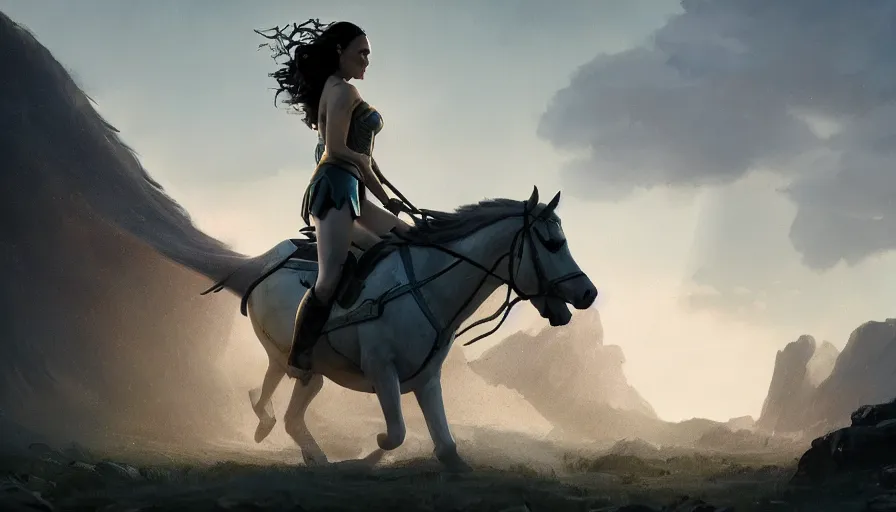 Prompt: gal gadot riding a white horse, an epic fantasy, dramatic lighting, cinematic, establishing shot, extremely high detail, photorealistic, cinematic lighting, artstation, matte painting, by simon stalenhag, shadow of the tomb rider