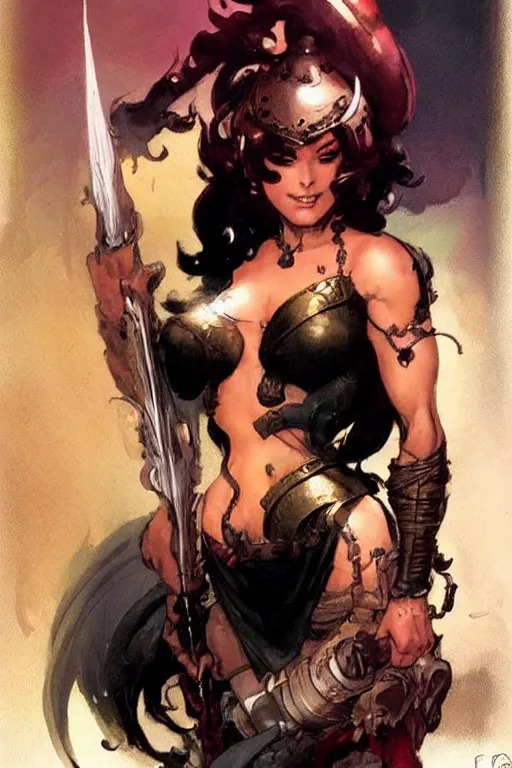 Image similar to a cute fantasy woman by frank frazetta and ross tran