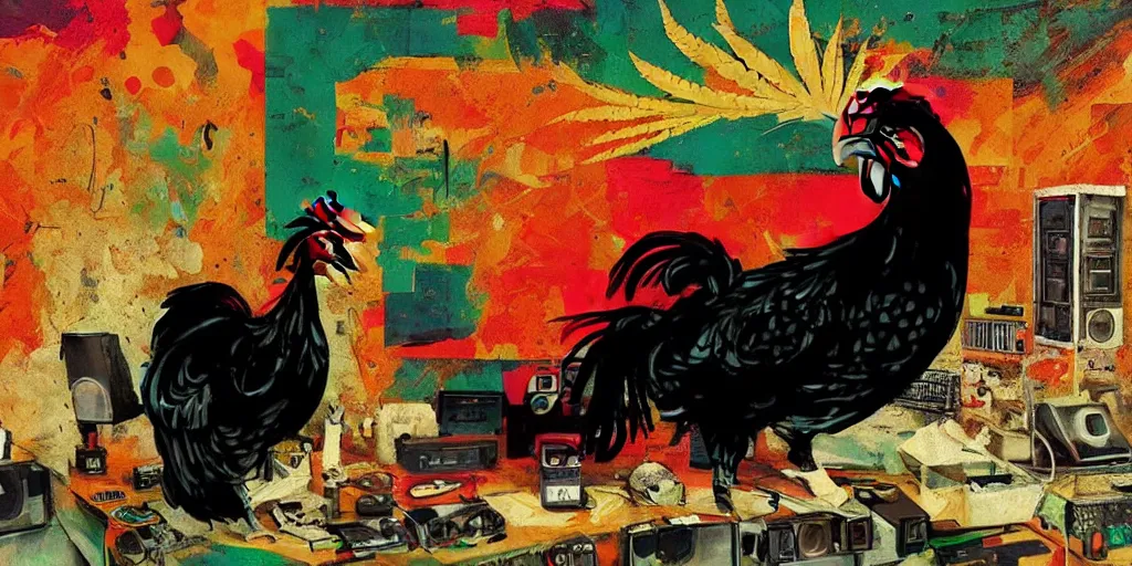 Image similar to 'black rooster'!!! smoking 'cannabis'!!!!!! in front of 'audio console'!!!! and 'multi monitors and projectors'!!!! 'in a hi-tech tv broadcasting studio with red camera rig'!!!!, artwork by James Gilleard