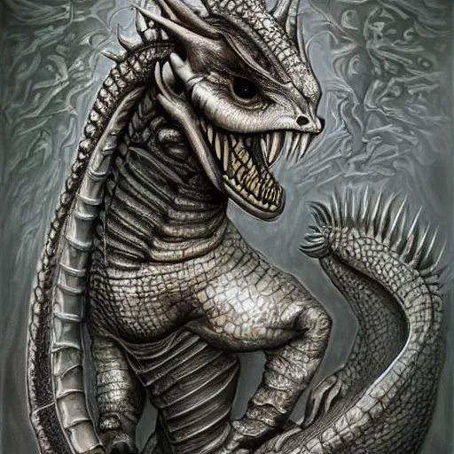 Image similar to Giger portrait of queen dragon, Dragon in dragon lair, HD, full body dragon concept, soft shading, hyperdetailed, wide angle lens, fantasy, futuristic horror, style of giger