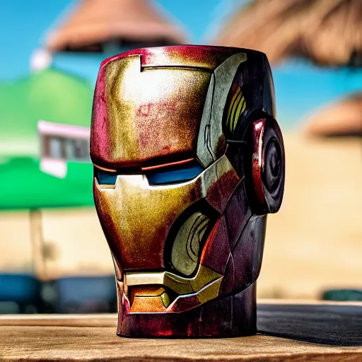 Image similar to a closeup photorealistic photograph of an iron man style tiki mug at a trader vic's beach bar featuring the face of iron man. tiki party. bright scene. fine detail. this 4 k hd image is trending on artstation, featured on behance, well - rendered, extra crisp, features intricate detail, epic composition and the style of unreal engine.