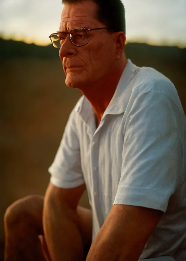 Image similar to live action hank hill, portrait photo taken by annie leibovitz, dramatic lighting, 8 5 mm f / 2. 4, kodak portra, color film