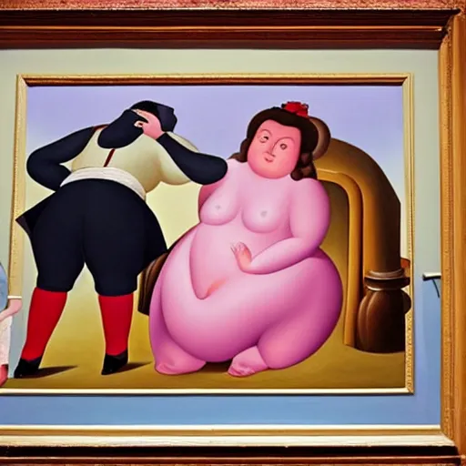 Prompt: a fernando botero painting during the time he was desperately seeking female affection