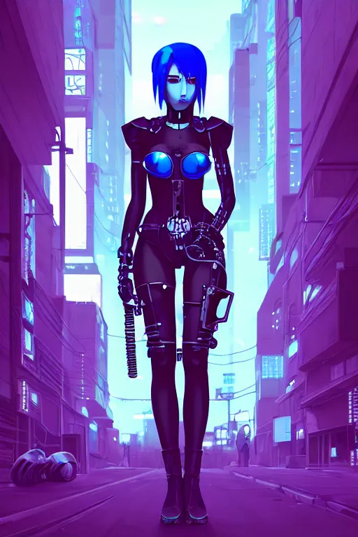 Prompt: digital illustration portrait of cyberpunk pretty girl metal skull armor with blue hair, wearing dominatrix outfit, in city street at night, by makoto shinkai, ilya kuvshinov, lois van baarle, rossdraws, basquiat