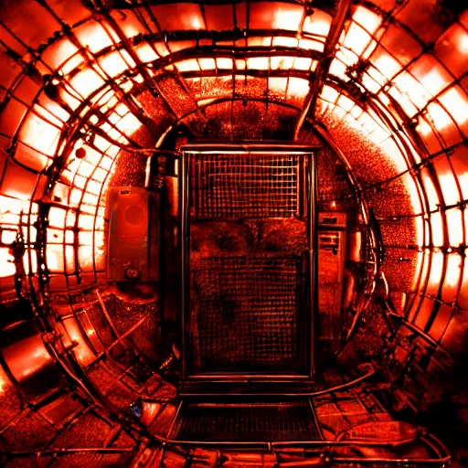 Prompt: The Queen of England inside of a gigantic technological coffin with cables, pipes, and lights all over it, digital photo, futuristic, corroded copper and dirty steel, dimly lit