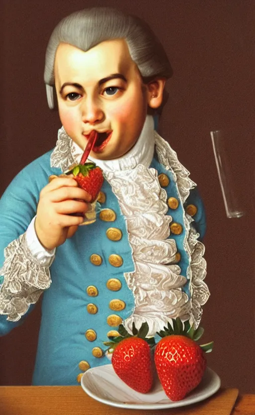 Prompt: Mozart drinking a strawberry milkshake, the straw is in his mouth