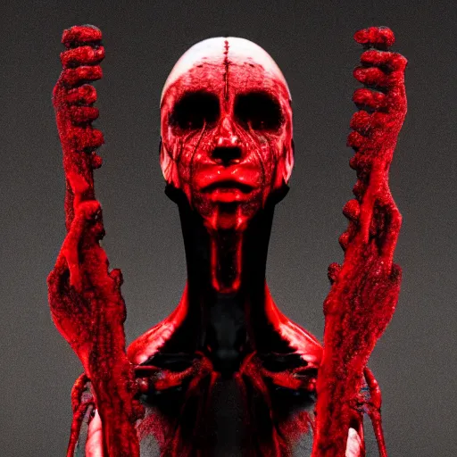 Image similar to octane render of a body horror humanoid, sharp dark shadows, black and red color palette by trevor henderson and junji ito