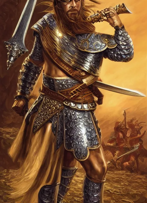 Image similar to strong gladiator holding legendary sword, fantasy, man, gilded shiny armour, intricate, highly detailed, digital painting, artstation, concept art, wallpaper, smooth, sharp focus, illustration, illumination, raytracting, art by larry elmore, jeff easley, clyde waldwell, keith parkinson, daniel r horne