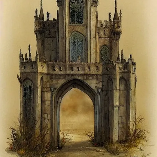 Image similar to (((((((Gothic revival castle gatehouse))))))) . muted colors. by Jean-Baptiste Monge !!!!!!!!!!!!!!!!!!!!!!!!!!!!!!!!!!!!!!!! ((((((((((((((((((watercolor sketch))))))))))))))))))