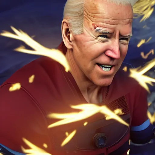 Image similar to joe biden as a super sayan at full power, photograph, 8 k, octane render, unreal 5, ultra detailed, super sharp and crispy.