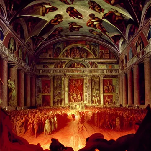 Image similar to the sistine chapel's ceiling is broken is half as a red magical portal from hell opens up, lucifer morningstar emerges along with a few demons, the priests and the pope look at the scene with terror in their eyes. highly detailed painting by gaston bussiere, greg rutkowski, craig mullins 8 k