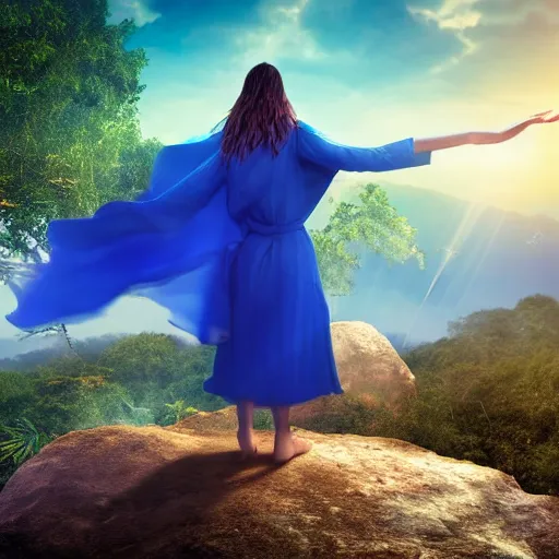 Image similar to high definition illustration of young mage woman with long blue cape, fire in outstretched hand, flowing brown hair, enjoying the view of a horizon of close planets in the sky, dense jungle, high definition, extremely detailed, 8 k, oled, beautiful lighting, shadows, reflections