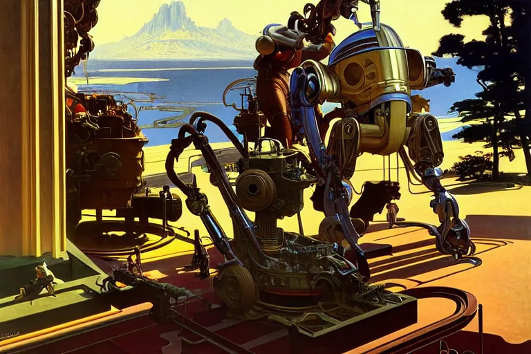 Image similar to natural american landscape | robot repairing another robot, painting by syd mead and weta studio, alphonso mucha, james jean, frank frazetta, highly detailed, rule of third, soft lighting, 8 k resolution, oil on canvas, architectural magazine, beautiful detailed, insanely intricate details, artstation trending, hypermaximalistic, high details, cinematic