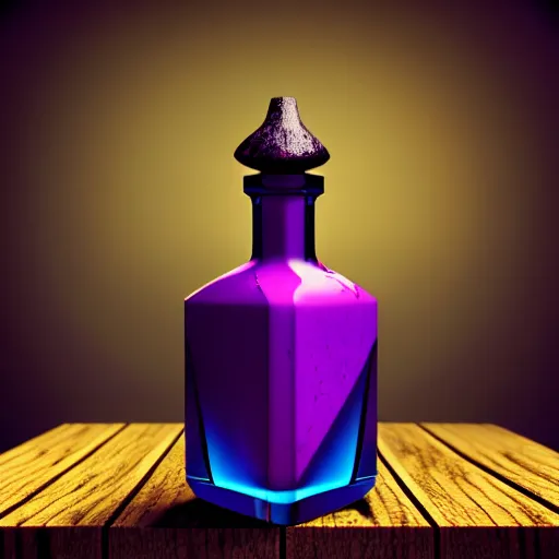 Prompt: hyper realistic deadly poison bottle, purple liquid inside on a wood table. the bottle is design like a trendy perfume bottle. background is a dark ancient laboratory complex architecture mossy stone pilars. professional digital art, dnd style, ultra detailed, trending on artstation, concept art, octane render, unreal engine 5, 8 k rendering.