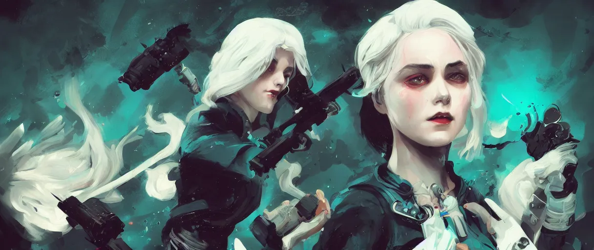 Image similar to a duochrome black and teal background comic noir illustration painting of ciri of cintra with white hair by sachin teng and sergey kolesov and ruan jia and heng z. graffiti art, scifi, fantasy, hyper detailed. octane render. concept art. trending on artstation