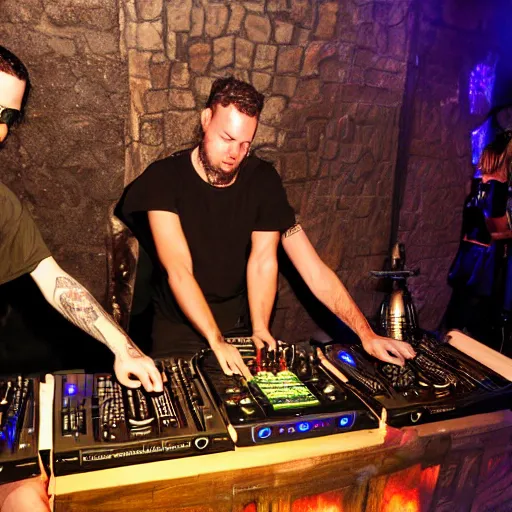 Image similar to a dj set with tourntable in a fantasy dungeon