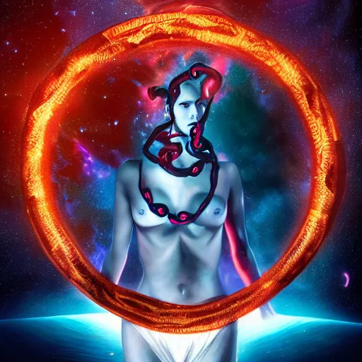 Image similar to Medusa caught by a ring of fire, red eyes, galaxy background, symmetric, dramatic lighting, hyperrealistic, unreal engine, highly detailed,