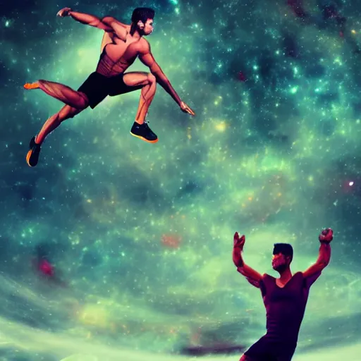 Image similar to wide shot of athletic man, inspiring pose, floating, silhouette, long shot, in a cosmic nebula background, matte colors, very very very dramatic, inspiring digital art trending on artstation