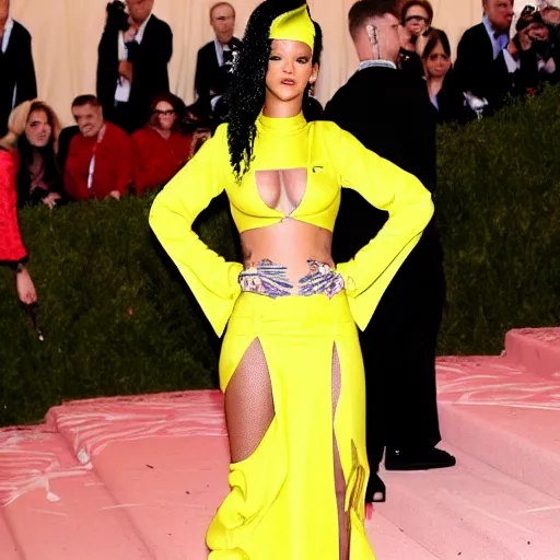 Prompt: rihanna on the met gala red carpet wearing a gown inspired by scooby doo