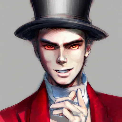 Prompt: semi realistic anime illustration of top hat wearing red haired man smoking a cigar, with slight stubble, with beautiful hyperdetailed eyes, facing camera directly, full face portrait made by Stanley Artgerm, WLOP, Rossdraws, James Jean Andrei Riabovitchev, Marc Simonetti, Yoshitaka Amano, Artstation