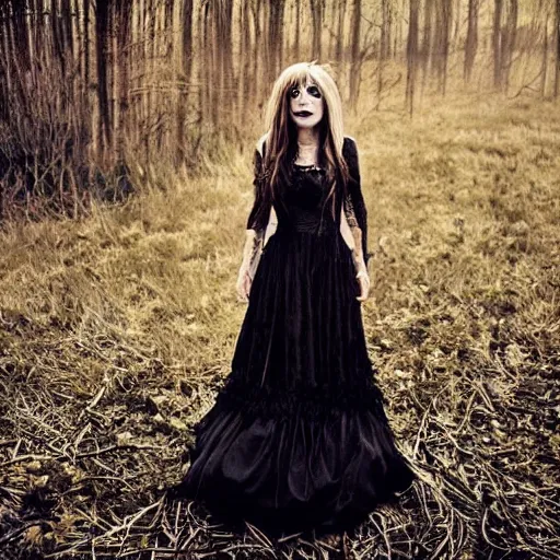 Prompt: Lacey Sturm the lead singer from the band Flyleaf in a black gothic wedding dress in the middle of a wilted field of flowers nearby with a dark forest in Autumn rocking out with her band. edgy album cover. 2000s rock.