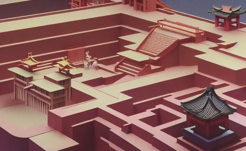 Image similar to huge sprawling gargantuan angular dimension of infinite indoor landscape japanese furniture with asian ceremonial temple. surrealism, mallsoft, vaporwave. muted colours, 8 0 s japanese interior design, shot from above, endless, neverending epic scale by escher and ricardo bofill