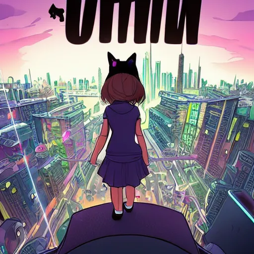 Prompt: a 7 year old girl with cat ears, holding her hands together behind her back staring over a futuristic city from the top of a roof, wide shot, over the shoulder shot, highly coherent, saga comic, fiona staples