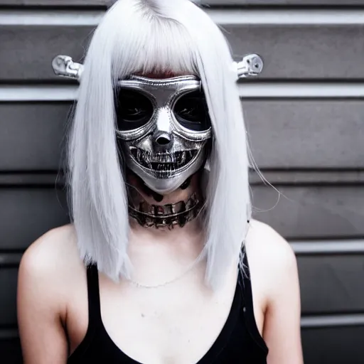 Prompt: very cool girl brilliant silver hair girl with a skull shaped ballistic face mask streetwear techwear cyberpunk style outfit full body nose piercing detailed portrait intricate comp - n 9 - i