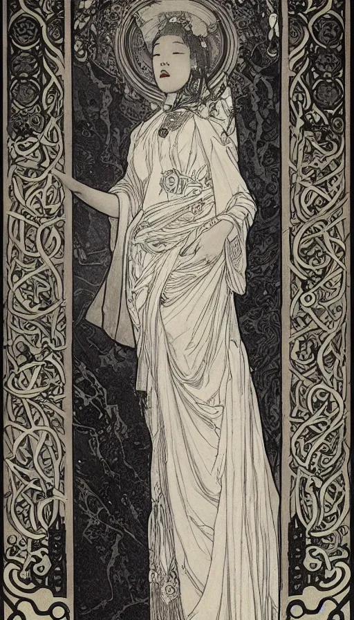 Image similar to yoon young bae as the high priestess, by mucha, black and white oil painting