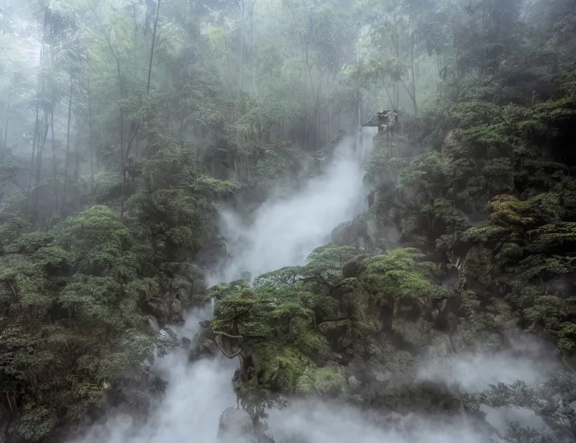 Image similar to a cinematic photo of epic ancient japanese hot springs temples on the top of a mountain in a misty bamboo cloud forest with waterfalls in winter