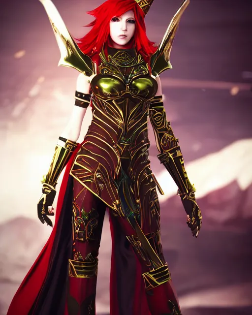 Prompt: red - haired final fantasy egyptian pharaoh, warframe armor, regal, attractive, ornate, sultry, sexy, beautiful, elize theron, pretty face, green eyes, scifi platform, 4 k, ultra realistic, epic lighting, illuminated, cinematic, black gold, art by akihito tsukushi, voidstar