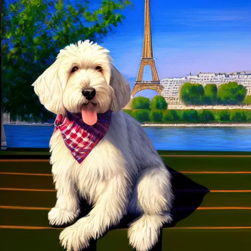 Prompt: oil painting portrait of a white labradoodle puppy fashion sunglasses and bandana sitting at outdoor cafe in paris with eiffel tower background, digital art, concept art, highly detailed, 3-D 4k, trending on art station, Mark Brooks,