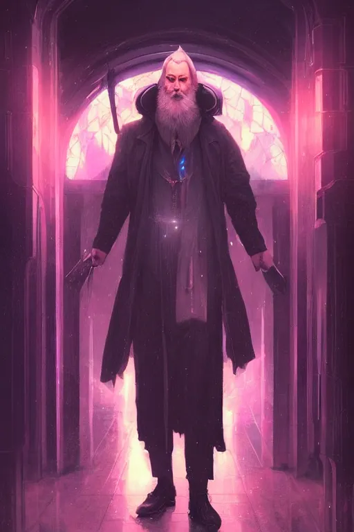 Image similar to portrait of Dumbledore in cyberpunk, neon lighting, night city, digital art from artstation by Ruan Jia and Mandy Jurgens and Artgerm and william-adolphe bouguereau and Greg Rutkowski