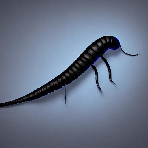 Image similar to studio photograph of a matte dark gray worm with a neon blue head and tail