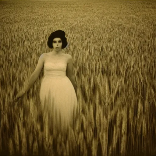 Image similar to the lonely bride in the wheat field at night, southern gothic, photograph by diane arbus, bayou