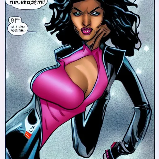 Image similar to Domino from Marvel Comics with Mia Khalifia face,