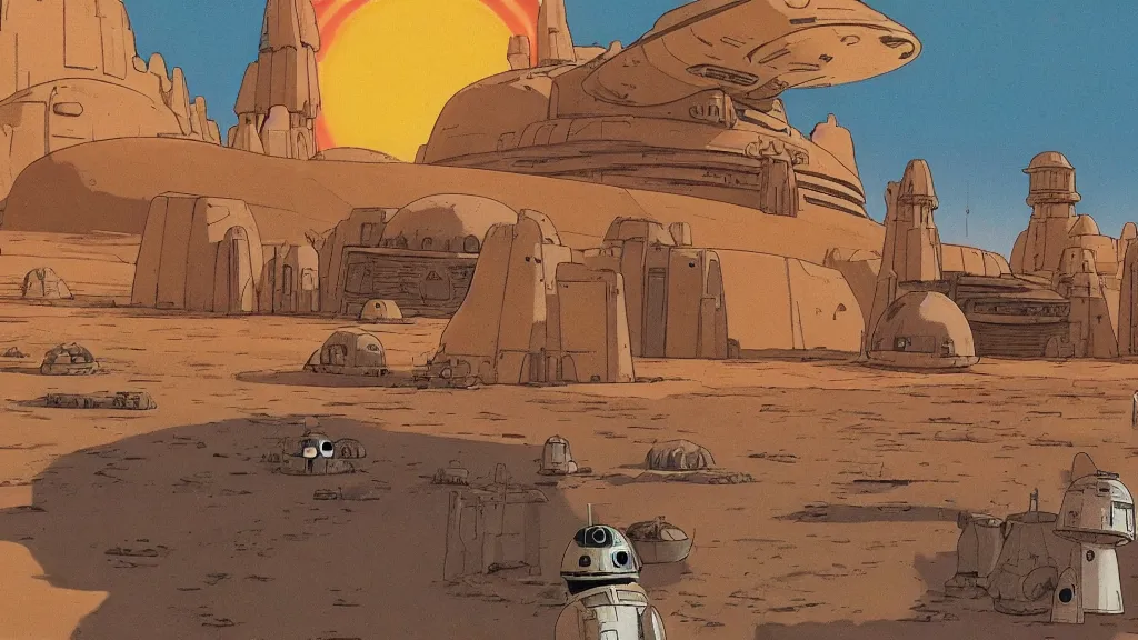 Image similar to tatooine landscape Star Wars a new hope 1977 studio ghibli animation