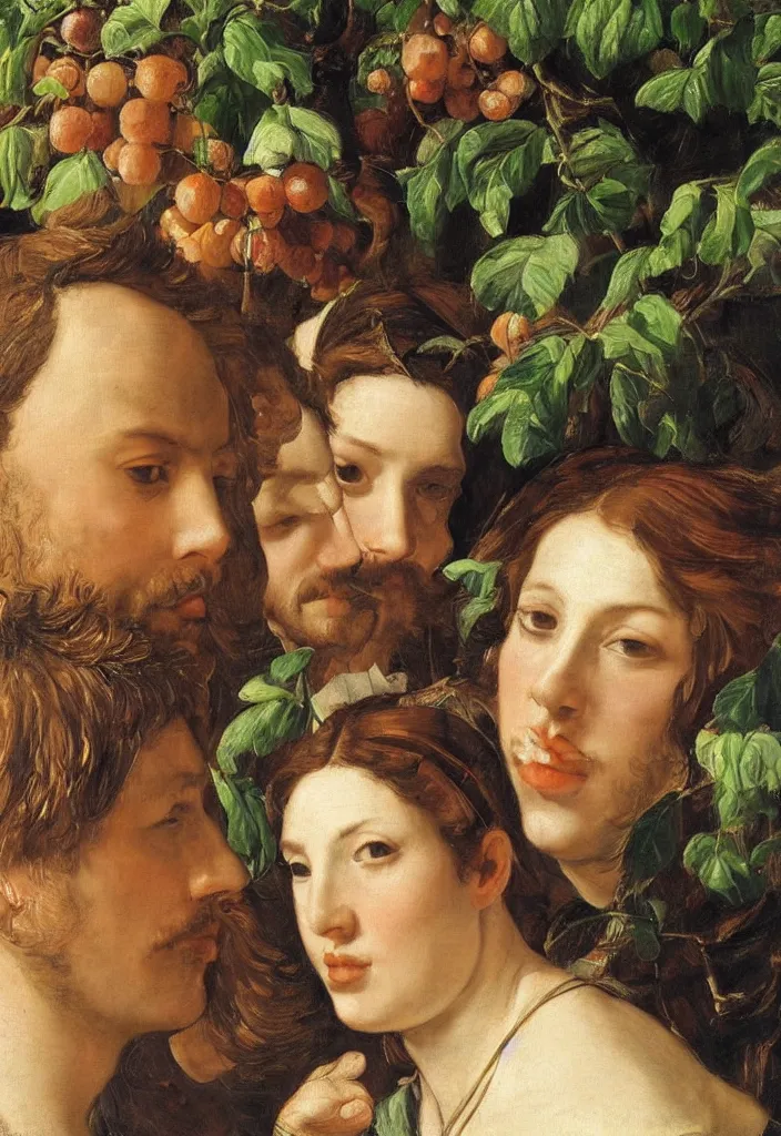 Image similar to men and women, closeup portrait, garden with fruits on trees, ultra detailed, Orazio Gentileschi style