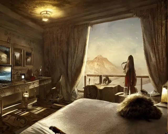 Image similar to a luxury hotel! suite room in the style of prehistoric! iceage, art by greg rutkowski and artgerma, stunning! concept art, interior! design