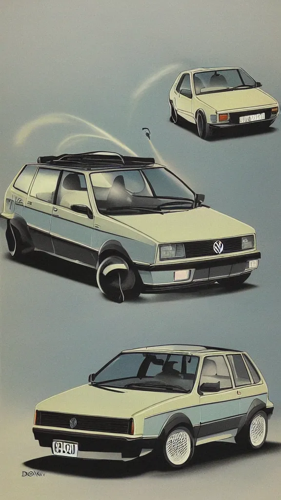 Image similar to 1 9 8 0 s airbrush surrealism illustration of a vw golf by don wieland