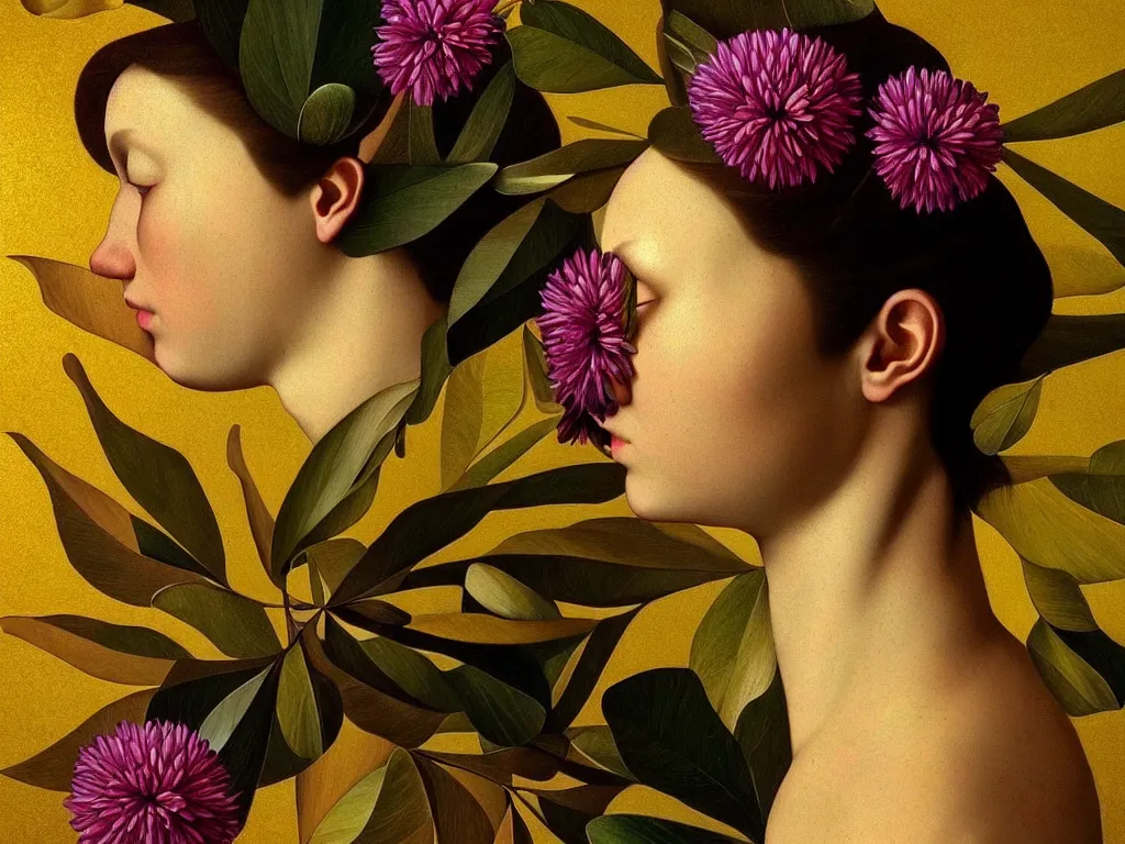 Image similar to hyperrealistic still life portraita womans face in profile, made of flowers and leaves, sacred geometry, light refracting through prisms in a tesseract, by caravaggio, botanical print, surrealism, vivid colors, serene, golden ratio, rule of thirds, negative space, minimalist composition