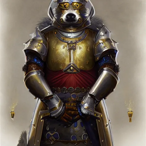 Image similar to anthropomorphic shiba inu, medieval holy paladin knight armor, fantasy, holy light, portrait art by donato giancola and greg rutkowski, realistic face, visible holy aura, digital art, trending on artstation, symmetry