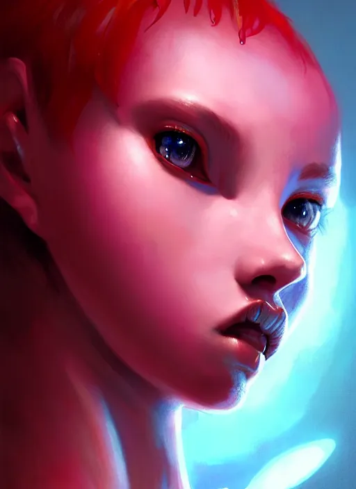 Image similar to portrait of alien girl kawaii, red short hair, jock, beefy, wide face, square jaw, square facial structure, intricate, elegant, glowing lights, highly detailed, digital painting, artstation, concept art, sharp focus, illustration, art by wlop, mars ravelo and greg rutkowski