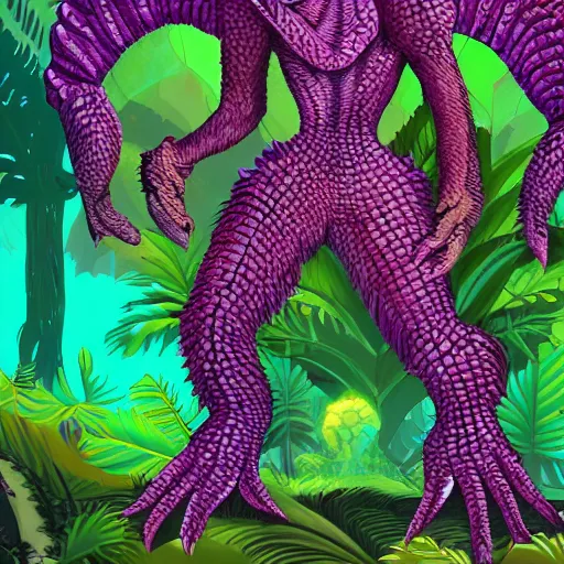 Prompt: Concept art of a scaly raptor-like alien creature, surrounded by a lush alien jungle with purple flora