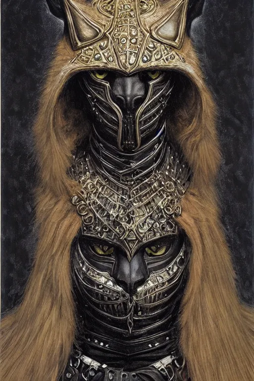 Prompt: head and shoulders portrait of an eldritch knight, tabaxi, black cat, anthropomorphic, male, breastplate, magical, high fantasy, d & d, by donato giancola, face details, extremely detailed, vogue fashion photo