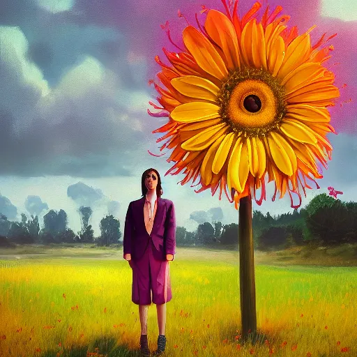 Image similar to giant daisy flower head, frontal, girl in a suit, surreal photography, sunrise, dramatic light, impressionist painting, digital painting, artstation, simon stalenhag