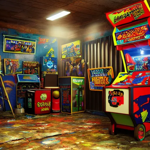 Prompt: large Mancave full of 80s toys games arcade games and wall posters Stuffy atmosphere, shadows, vintage, highly detailed, abandoned, octane render, blender, --width 1280 4k