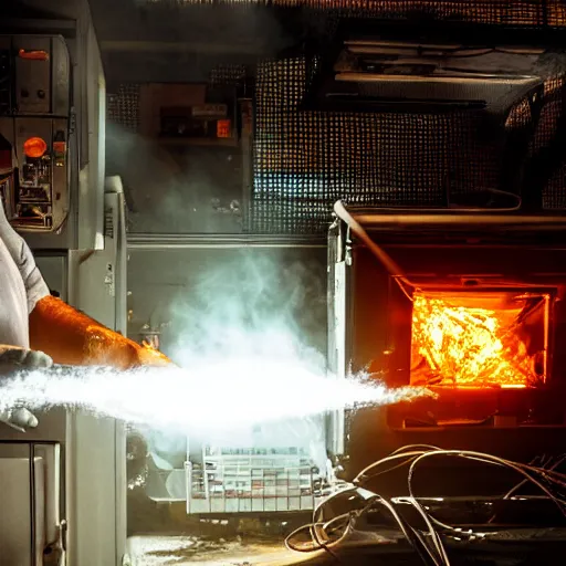 Image similar to cyborg toaster oven repairman, dark messy smoke - filled cluttered workshop, dark, dramatic lighting, orange tint, sparks, plasma rays, cinematic, highly detailed, sci - fi, futuristic, movie still, rule of thirds composition