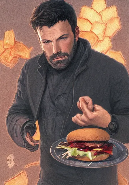 Image similar to ben affleck eating too much hamburger, intricate, elegant, highly detailed, digital painting, artstation, concept art, smooth, sharp focus, illustration, art by artgerm and greg rutkowski and alphonse mucha and william - adolphe bouguereau