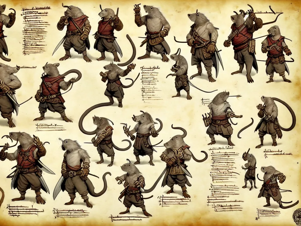 Image similar to character design sheet for a group of heroic rat pirates on a parchment background, redwall, greg rutowski and jean baptiste monge, very very detailed, epic fantasy concept art